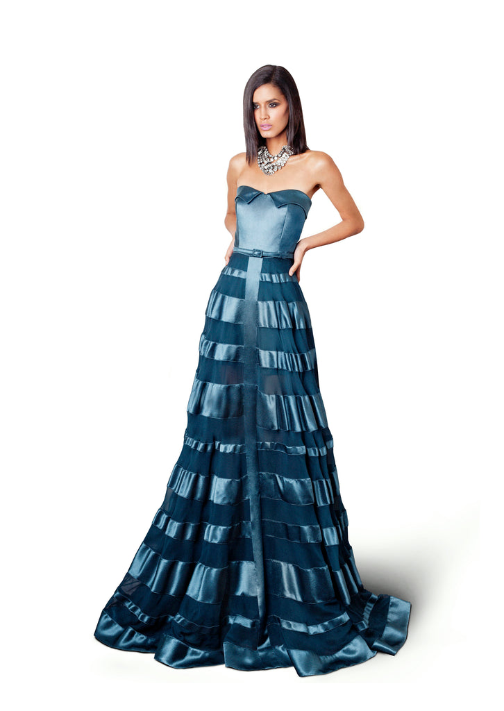 Sustainable Fashion | CELESTINO | Couture | Hudson Valley | Hudson New York | Peacock Blue | Chiffon | Novelty | Silk | Tiered | Corseted | Ballgown