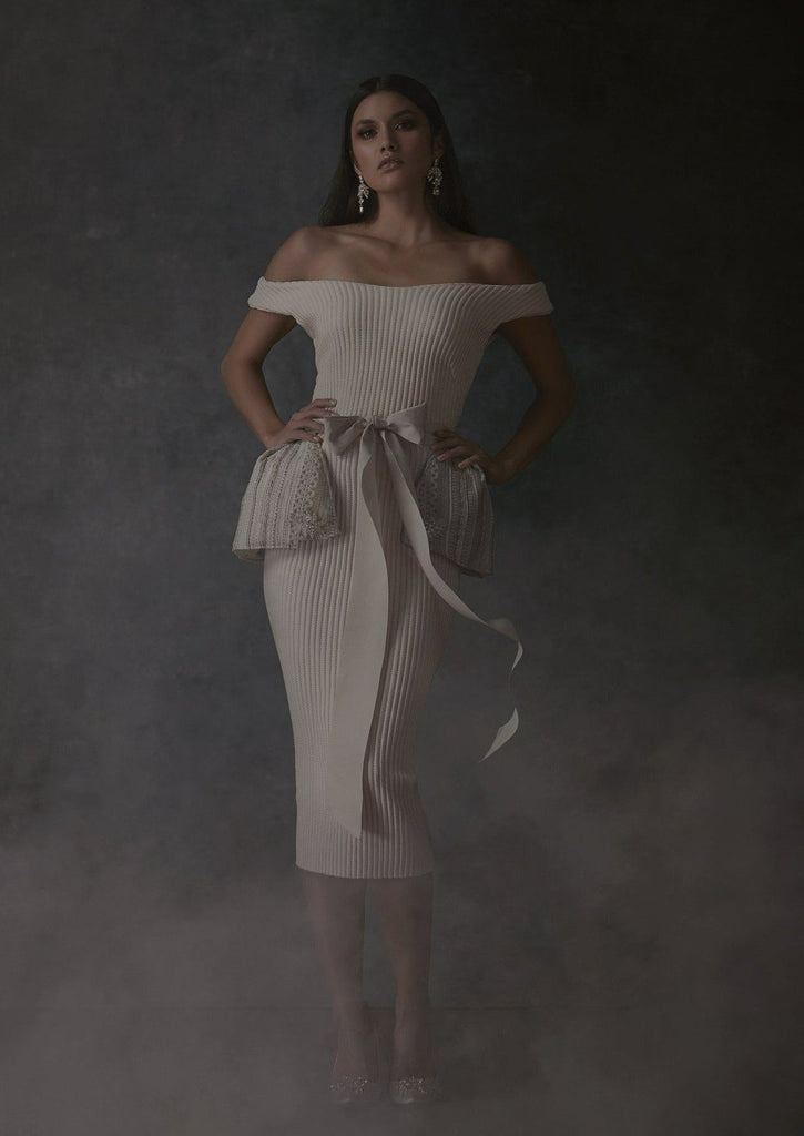 Spring/Summer 2019 - The Need for the New Renaissance;Off the shoulder cream colored midi dress with bow 