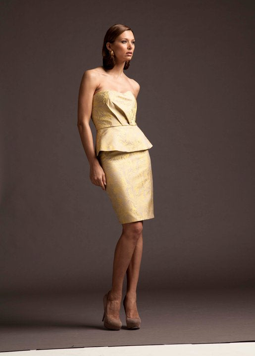 Sustainable Fashion | CELESTINO | Couture | Hudson Valley | Hudson New York | Yellow | Palm Leaf | Brocade | Corseted Peplum | Pencil Skirt