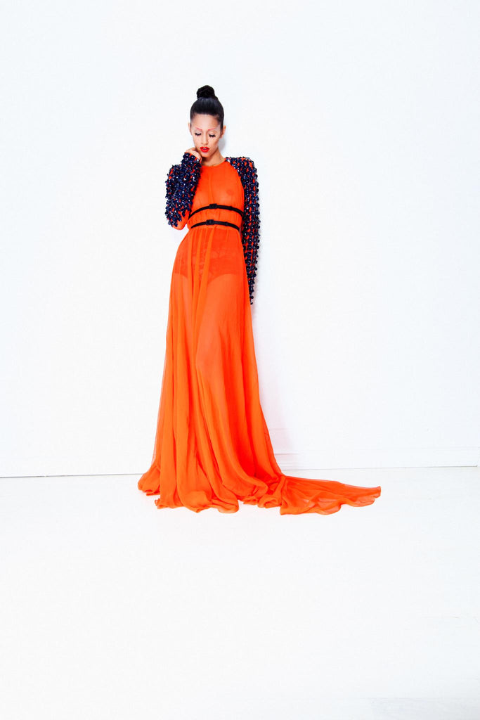 Sustainable Fashion | CELESTINO | Couture | Hudson Valley | Hudson New York | Orange | Silk Chiffon | Gown | Hand Beaded | Navy | Armor Sleeves | Mortal Combat