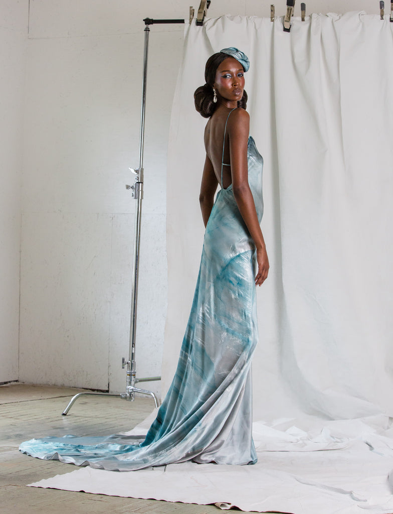 Hand Painted “Glacial-scape” Open Backed Hand Draped Spaghetti Strap Bias Gown | Open-Back Bias Gown | Fall/Winter 2021| CELESTINO 