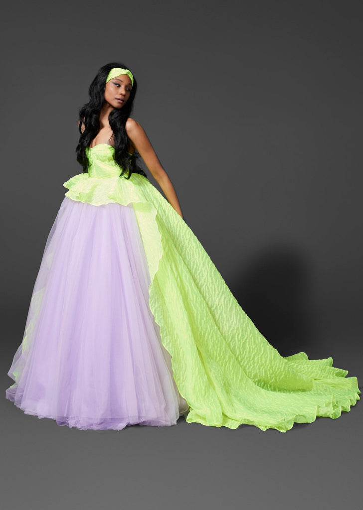 Hudson Valley | Hudson New York | New York | Sustainable Fashion | Sustainable Brand | Wedding | Couture | Neon | Lavender | Strapless Gown | Gown | Ballgown | Organza | Tulle | Head Band 