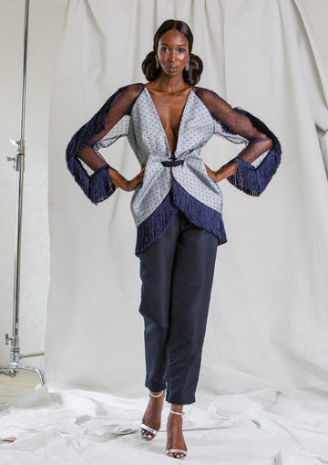 Speckled Ivory and Blue Wool with Tulle Overlay Draped Blazer with Sheer Fringe Sleeves & Navy Silk Faille Smoking Trouser & Silk Faille Belt | Wool & Tulle Blazer and Silk Faille Trouser | Fall/Winter 2021 | CELESTINO