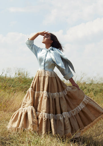 Spring/Summer 2020 - Glyphosate and its Destruction; Gathered Burlap Three Tier Button Up Ball Gown with Fringe Accent and Silk Cotton Bodice with Avant-Garde Bowtie | Sustainable Fashion | CELESTINO | Couture | Hudson Valley | Hudson New York 
