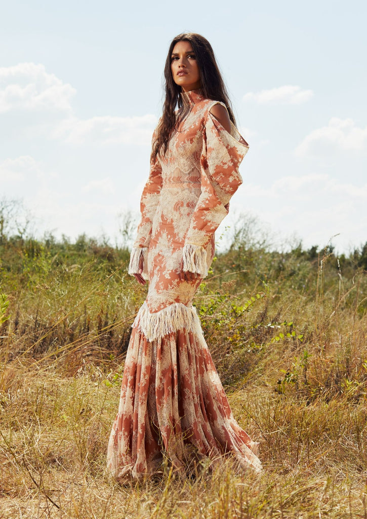 Spring/Summer 2020 | Glyphosate and its Destruction | Burnt Orange Lace Cold Shoulder Fit & Flare Ball Gown with Drape Sleeves & Fringe Accent | Sustainable Fashion | CELESTINO | Couture | Hudson Valley | Hudson New York