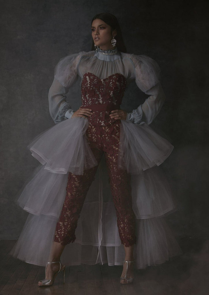 Spring/Summer 2019- The Need for the New Renaissance; Maroon Lace Corset and Cropped Trouser with Chiffon and Tulle Draped Ruffle Blouse & Tulle Tiered Detachable Train