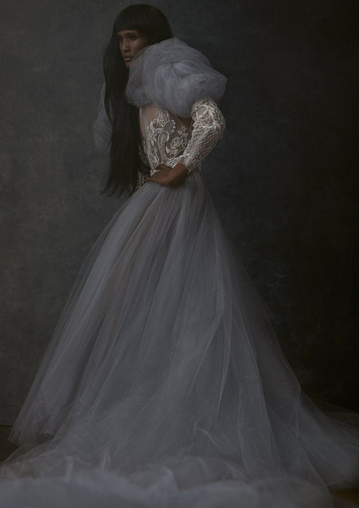 Spring/Summer 2019 - The Need for the New Renaissance; Tulle Hand Draped Beaded Bodice Ball Gown with Structured Sleeve