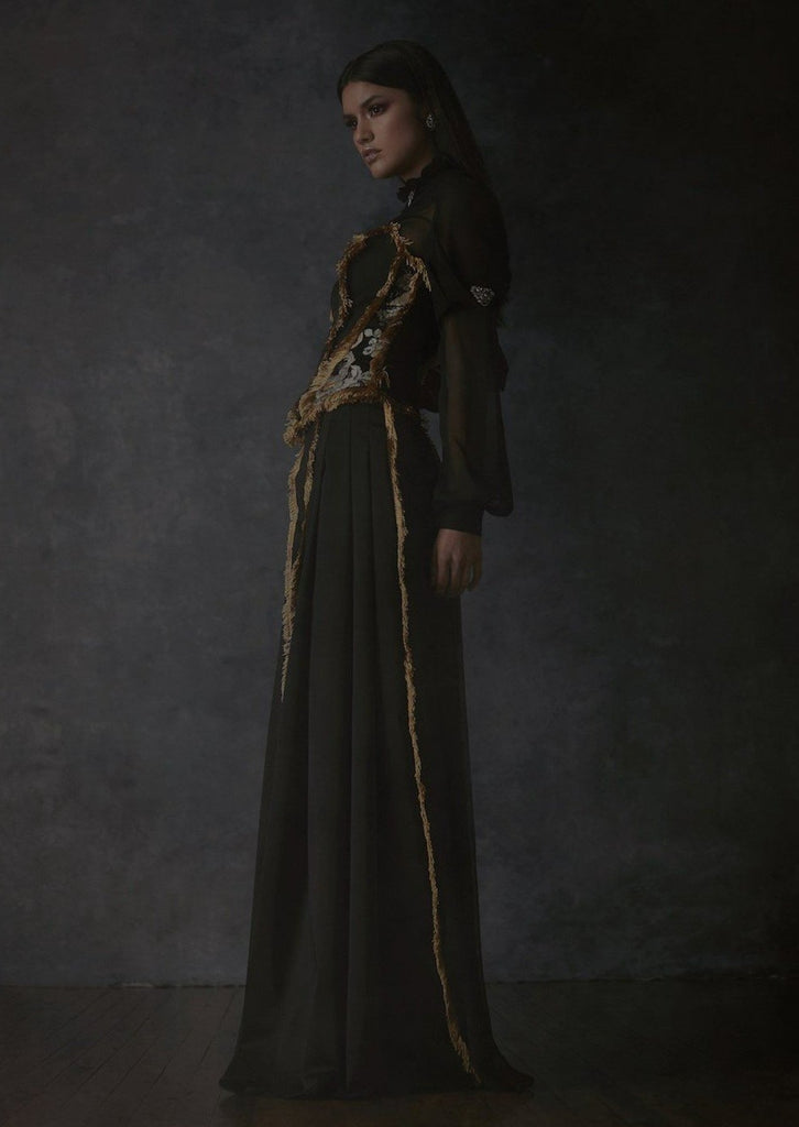 Spring/Summer 2019 - The Need for the New Renaissance; Brocade Corset with Fringe Trim Accent ; Black Silk Chiffon Button Up Blouse with Draped Sleeve ; Satin and Silk Chiffon Pleated Trouser