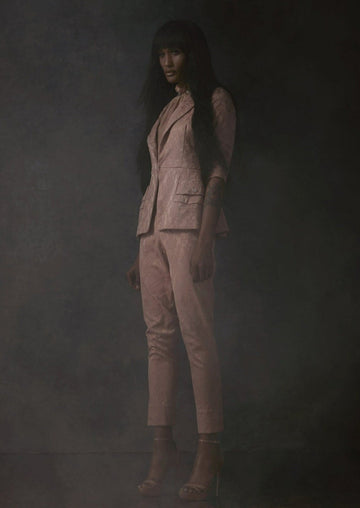 Spring/Summer 2019 - The Need for the New Renaissance; Cashmere and Wool Blend Drape Sleeve Coat with Puff-Sleeve Detail ; Pink Jacquard Trouser and Blazer with Silk Chiffon Ruffle Neck Button Blouse