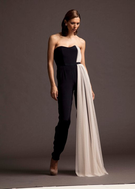 Sustainable Fashion | CELESTINO | Couture | Hudson Valley | Hudson New York | Navy | Silk Crepe | Strapless | Corseted | Jumpsuit | Blush | Tulle Draped