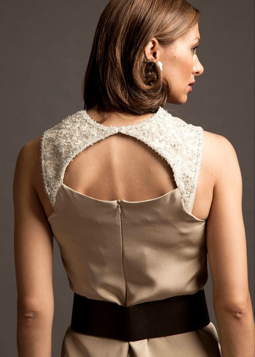 Sustainable Fashion | CELESTINO | Couture | Dusty Tan | Silk Crepe | Sheath | Cocktail | Hand Beaded | Crepe | Shoulder Detail