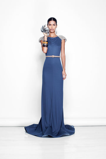 Sustainable Fashion | CELESTINO | Couture | Hudson Valley | Hudson New York | Blue | Modal | Gown |  Faux Fur |  Shoulder  Detail