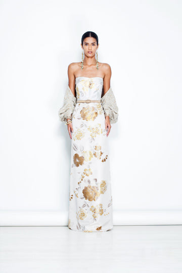 Sustainable Fashion | CELESTINO | Couture | Hudson Valley | Hudson New York | Silk | Floral Brocade | Strapless | Column | Gown | Dolman Sleeve | Beaded | Knit Wool | Bolero