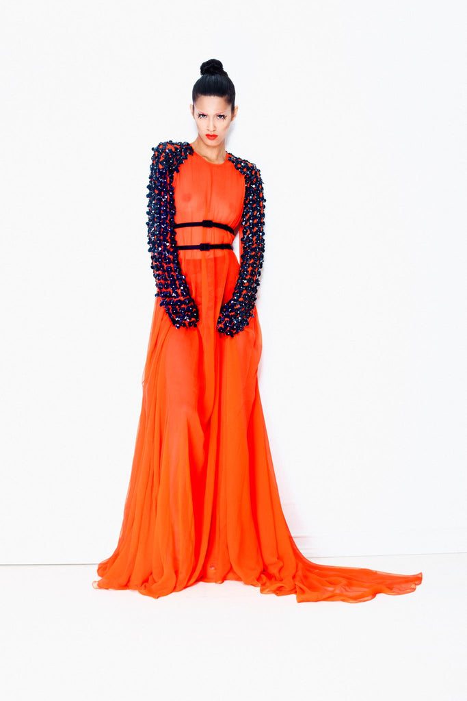 Sustainable Fashion | CELESTINO | Couture | Hudson Valley | Hudson New York | Orange | Silk Chiffon | Gown | Hand Beaded | Navy | Armor Sleeves | Mortal Combat