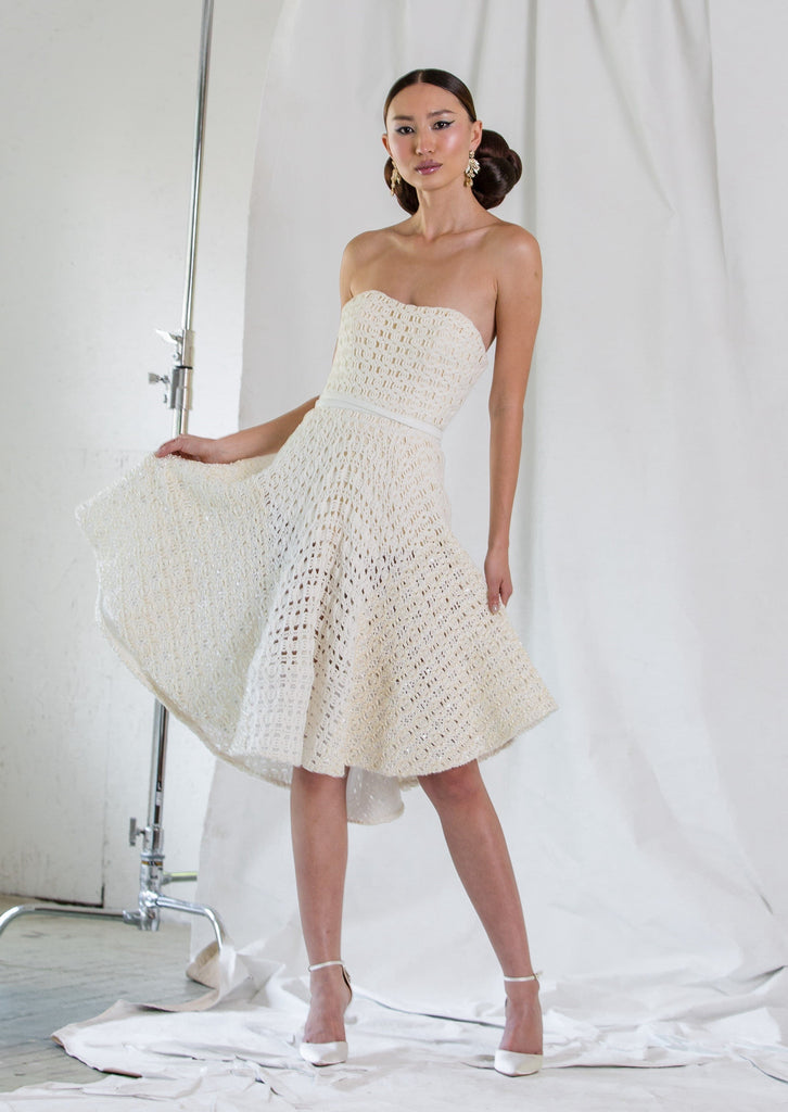 Wool Knit Strapless Cocktail | Hand Embroidered Pearl Matte Beaded Wool Knit Strapless Cocktail Dress  | Fall/Winter 2021 | CELESTINO 