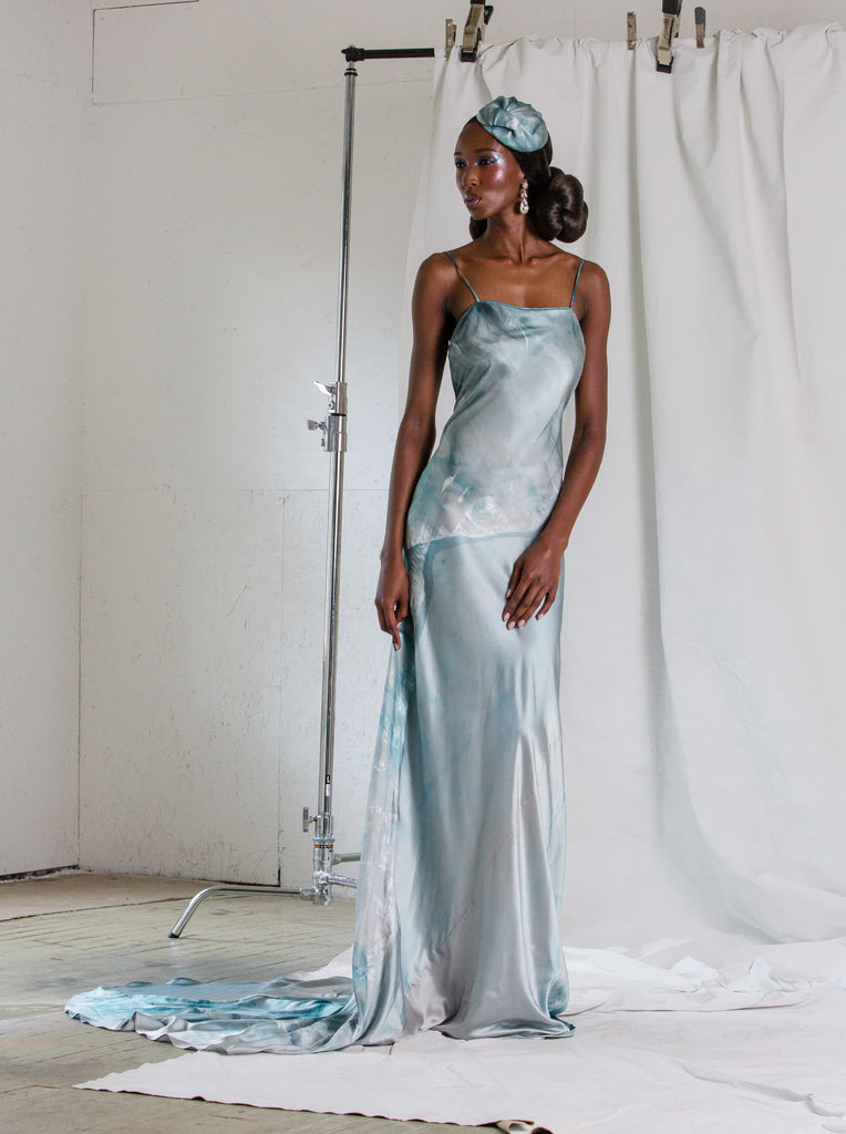 Hand Painted “Glacial-scape” Open Backed Hand Draped Spaghetti Strap Bias Gown | Open-Back Bias Gown | Fall/Winter 2021| CELESTINO 