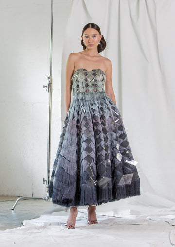 Hand Sewn, Hand Dyed Sheer Fringe Cocktail with Hand Beaded Graduating Diamond Sized Beading | Couture Fringe & Beaded Cocktail | Fall/Winter 2021 | CELESTINO 