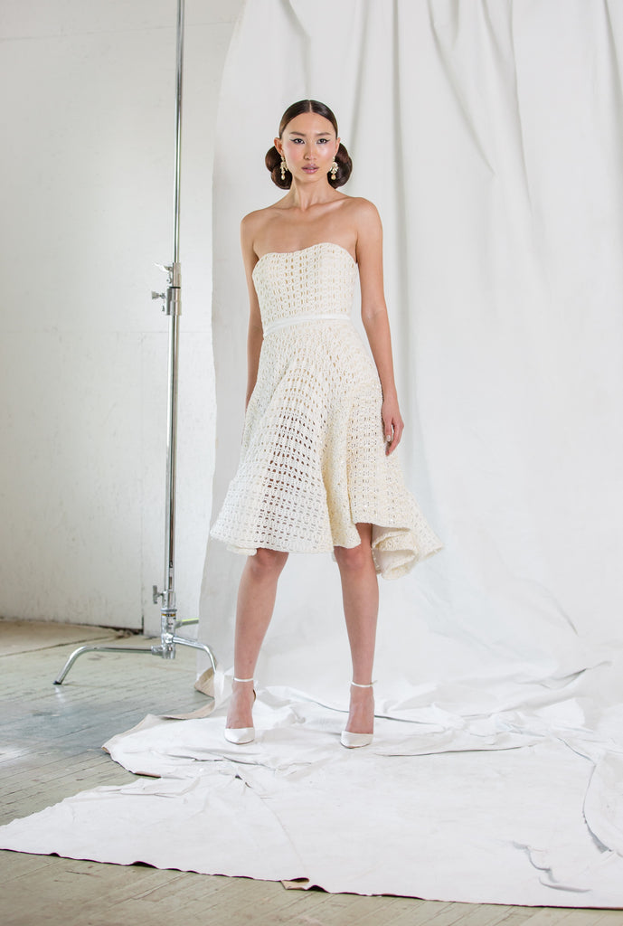 Wool Knit Strapless Cocktail | Hand Embroidered Pearl Matte Beaded Wool Knit Strapless Cocktail Dress  | Fall/Winter 2021 | CELESTINO 