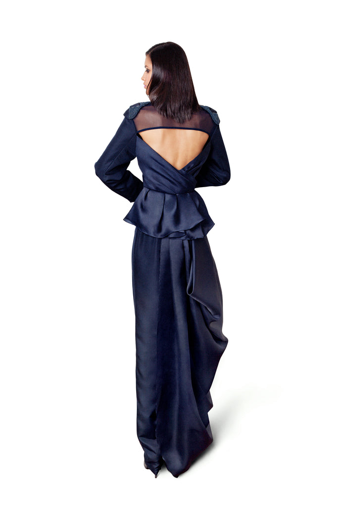 Sustainable Fashion | CELESTINO | Couture | Hudson Valley | Hudson New York | Navy Silk Faille| Key Hole | Blazer | Beaded | Shoulder Accent | Silk Faille | Cigarette Trouser | Side Drape