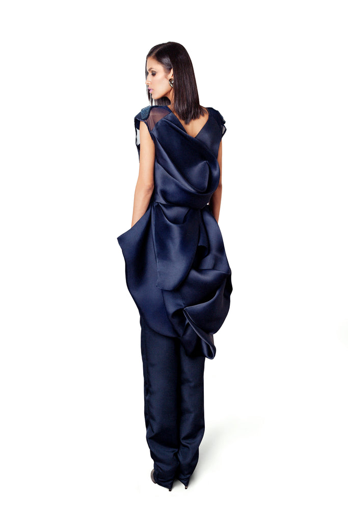 Sustainable Fashion | CELESTINO | Couture | Hudson Valley | Hudson New York | Navy Silk Faille | Blazer | Jumpsuit | Silk Gazar | Drape | Beaded Shoulder Accent
