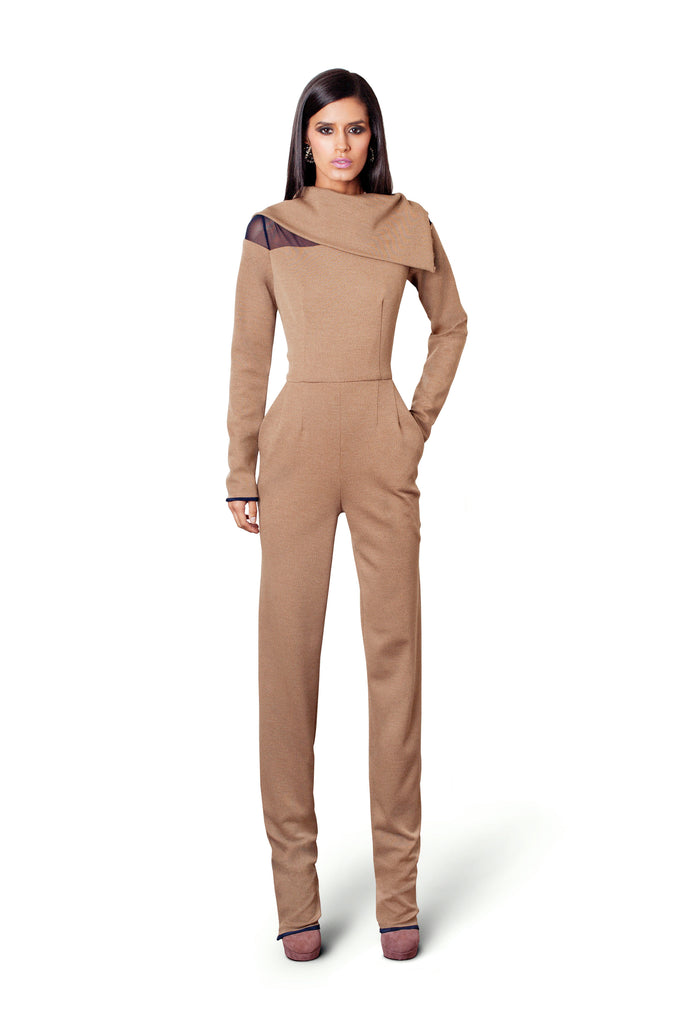 Sustainable Fashion | CELESTINO | Couture | Hudson Valley | Hudson New York | Brown | Wool Jersey | Jumpsuit | Mesh | Color Blocked | Shoulder Detail | Neck Cowl