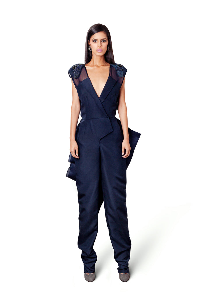 Sustainable Fashion | CELESTINO | Couture | Hudson Valley | Hudson New York | Navy Silk Faille | Blazer | Jumpsuit | Silk Gazar | Drape | Beaded Shoulder Accent
